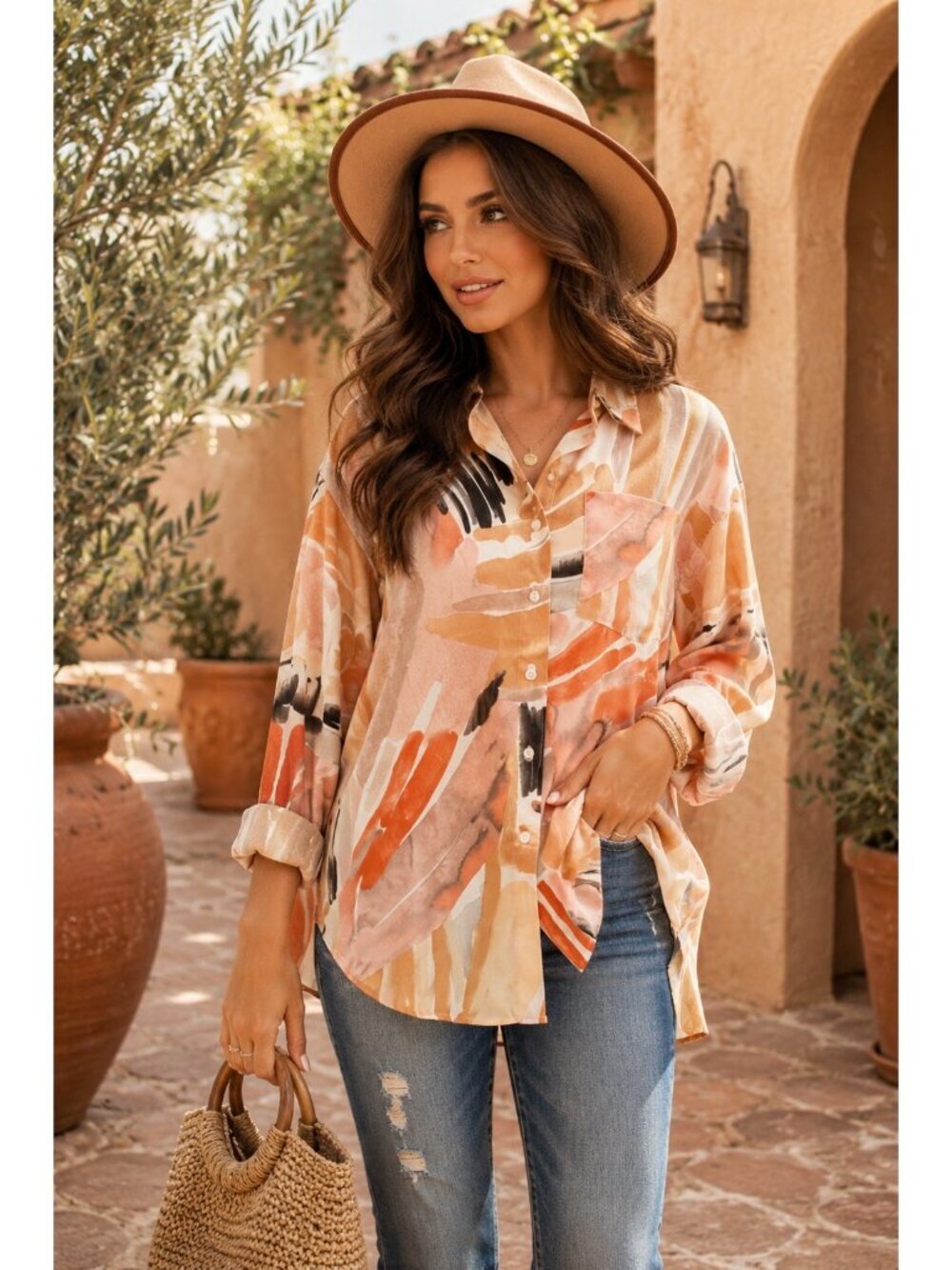 Villa Amber Oversized Button Down Shirt in Watercolor Terracotta Small